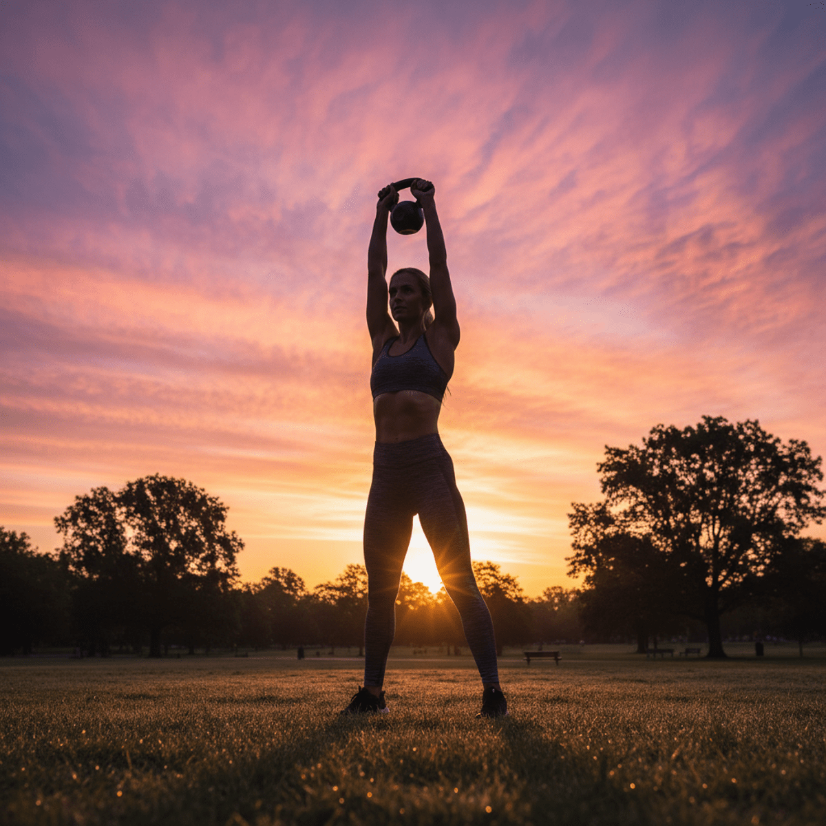 Muscular mother lifts kettlebell overhead in golden dawn light at park.