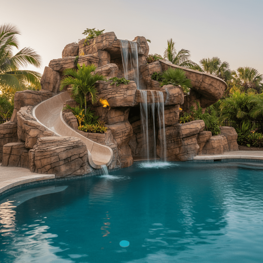 Inground pool slide in a tropical grotto with waterfall and lush plants.