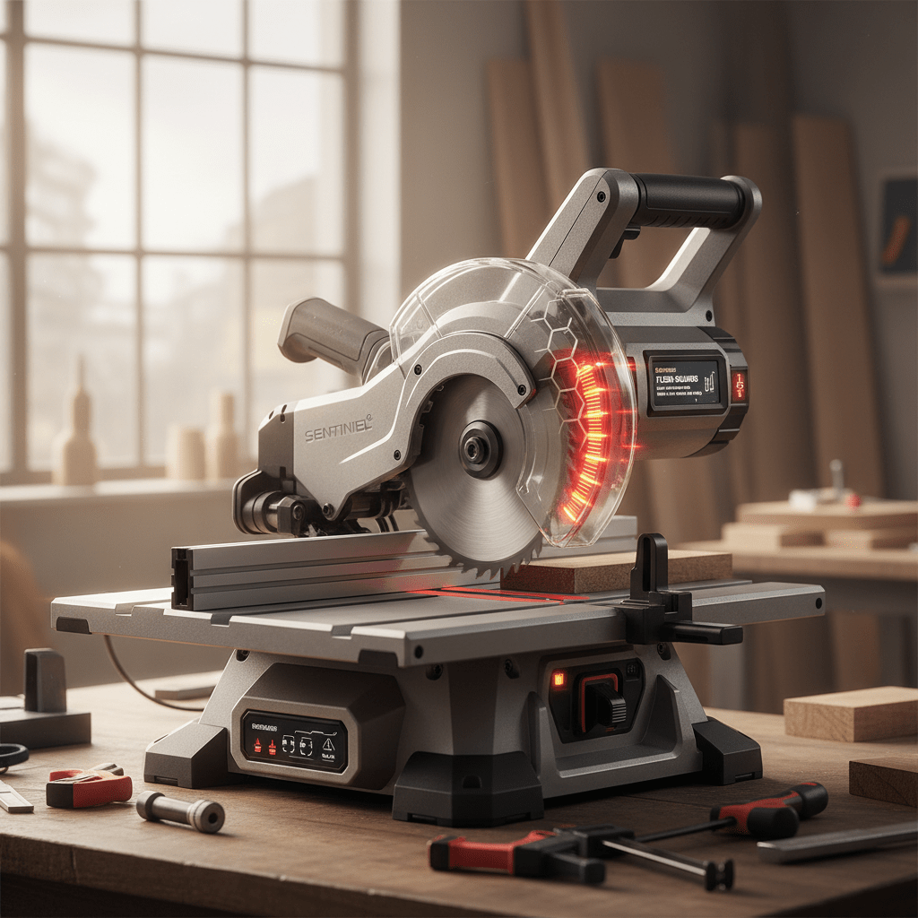 Close-up of a cordless table saw with advanced flesh-sensing safety technology activated.