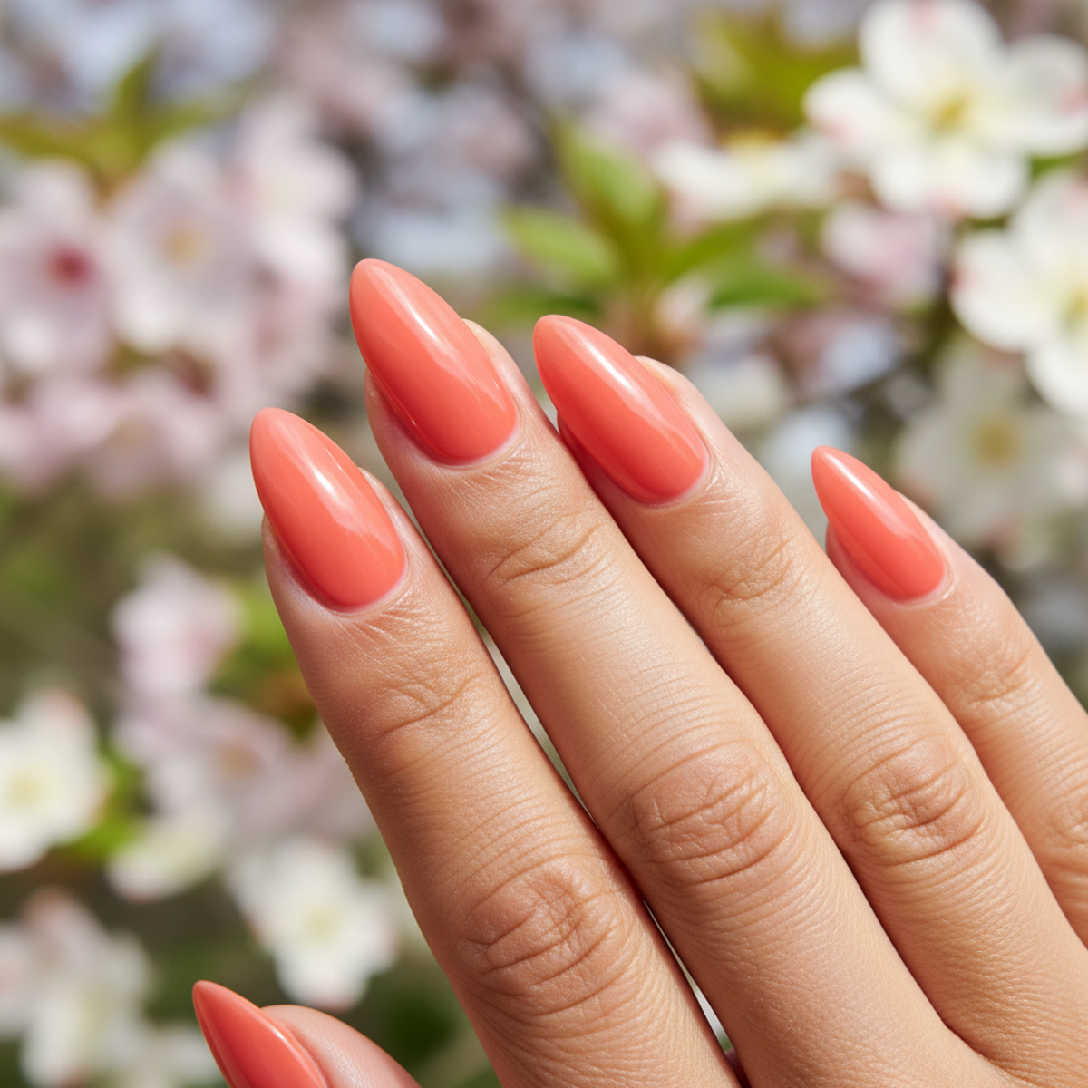 Close-up of coral jelly nails with glossy finish, reflecting spring daylight in a garden.