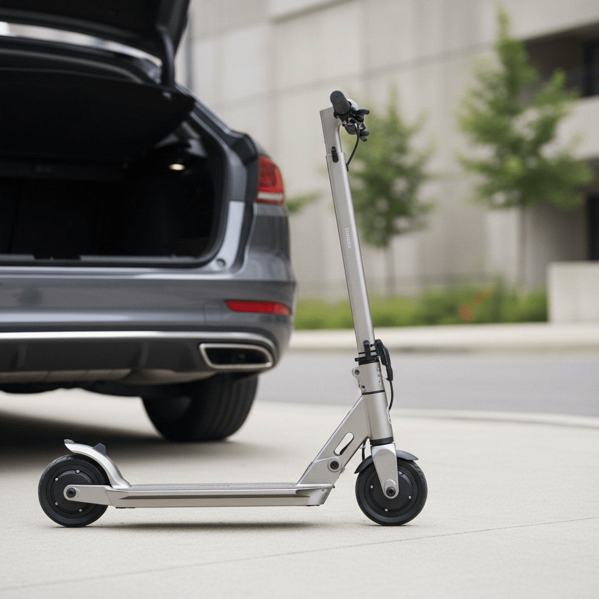 Sleek foldable electric scooter in compact folded form beside a car trunk.