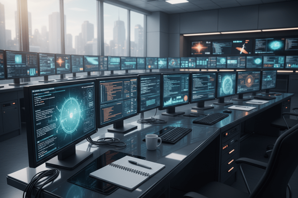 Wide shot of a sleek command center with glowing monitors and tools, evoking business adaptability during crises