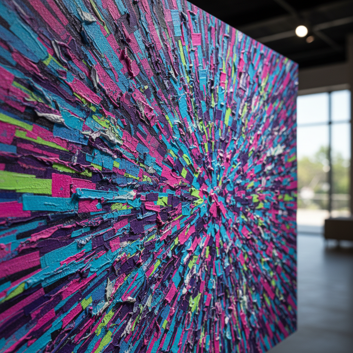 Abstract art with digital glitch, pixel fragments, and electric blue, pink, green gradients on textured canvas.