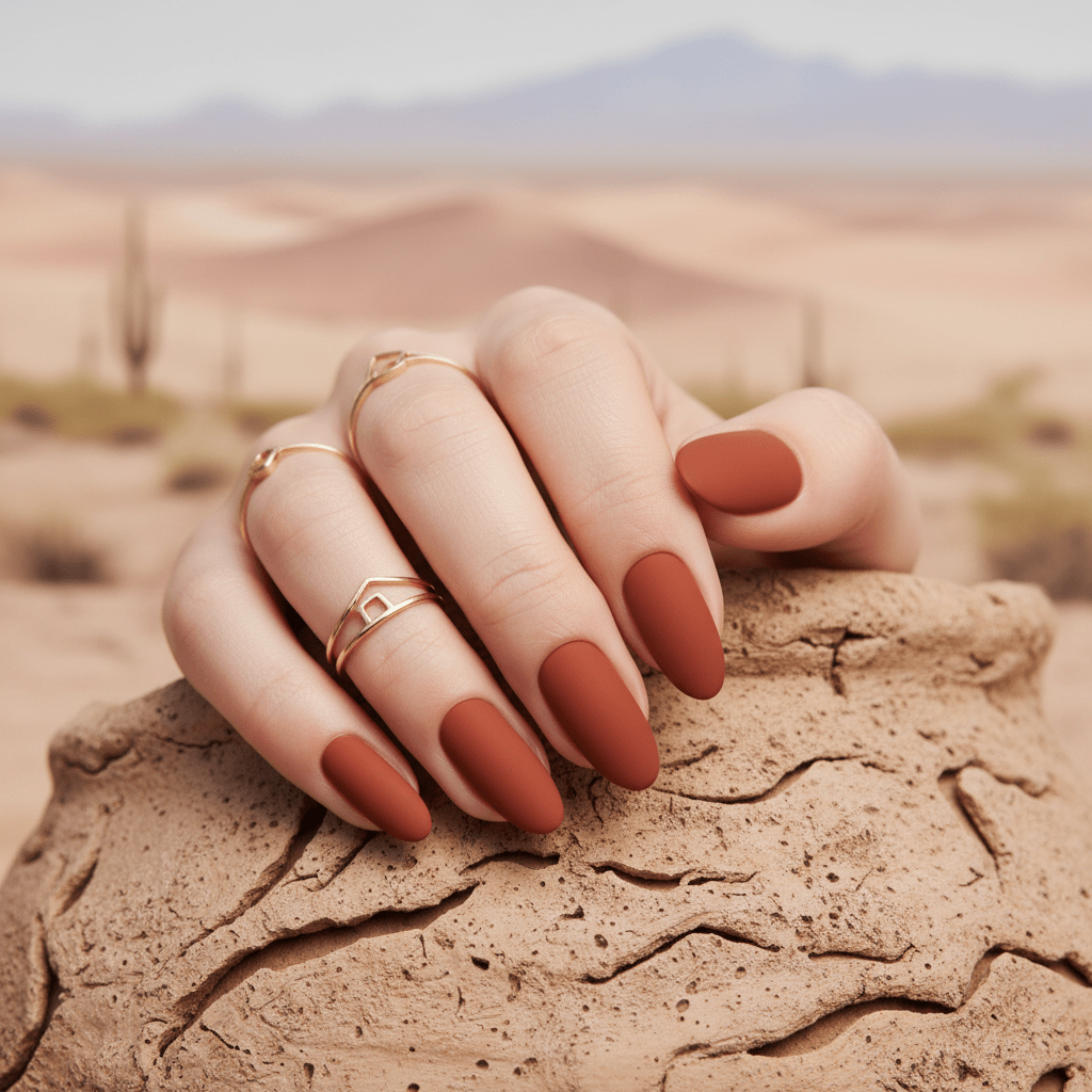 Velvet-matte spiced clay nails with gold rings on textured pottery surface.