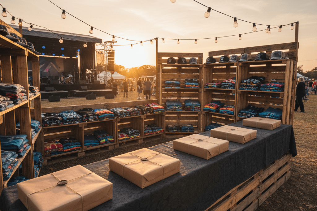 Merchandise booth displaying creative apparel and collectibles at an outdoor concert venue under warm ambient lighting
