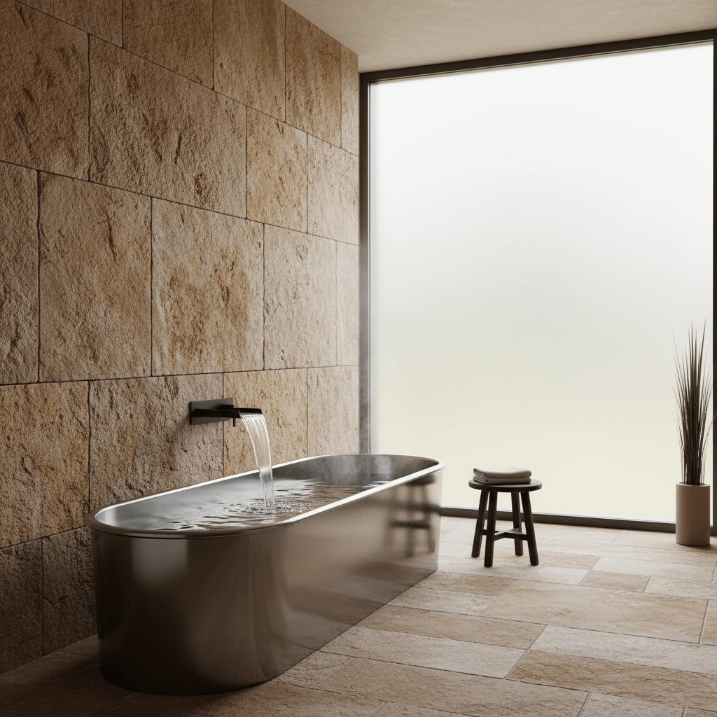 Spacious master bathroom with stainless steel trough tub and textured travertine wall.