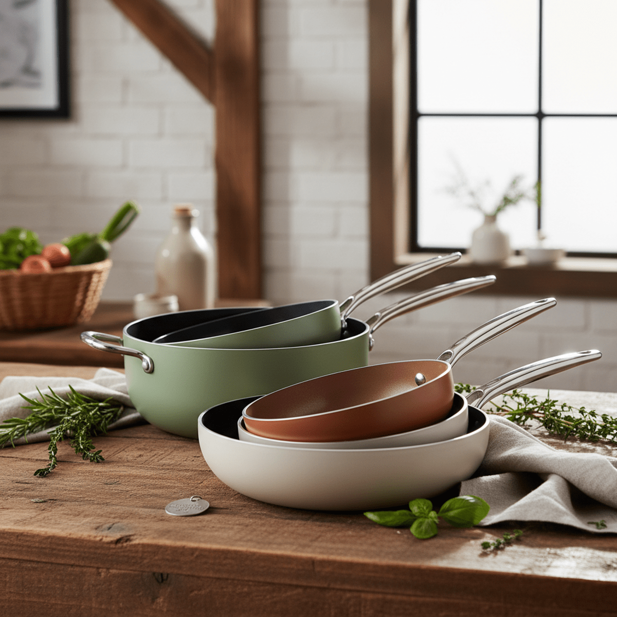 Non-stick cookware set with ceramic coating styled as a centerpiece on a wooden counter.