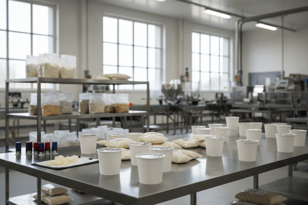 Industrial food production quality control station with porridge products Wide shot of stainless steel inspection table with generic porridge pots and sachets under warm ambient light