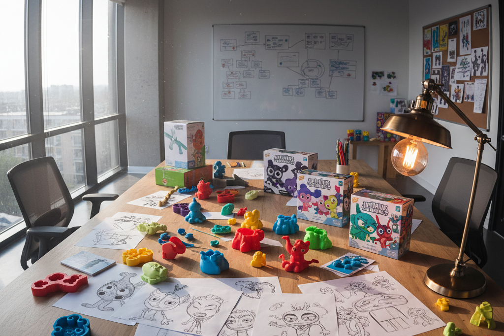 Desk with generic sketches, prototype molds, and packaging under warm natural light, representing animation-retail synergy