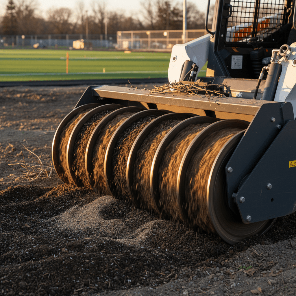 Skid steer power rake mixing compost, sand, and soil with advanced drum.