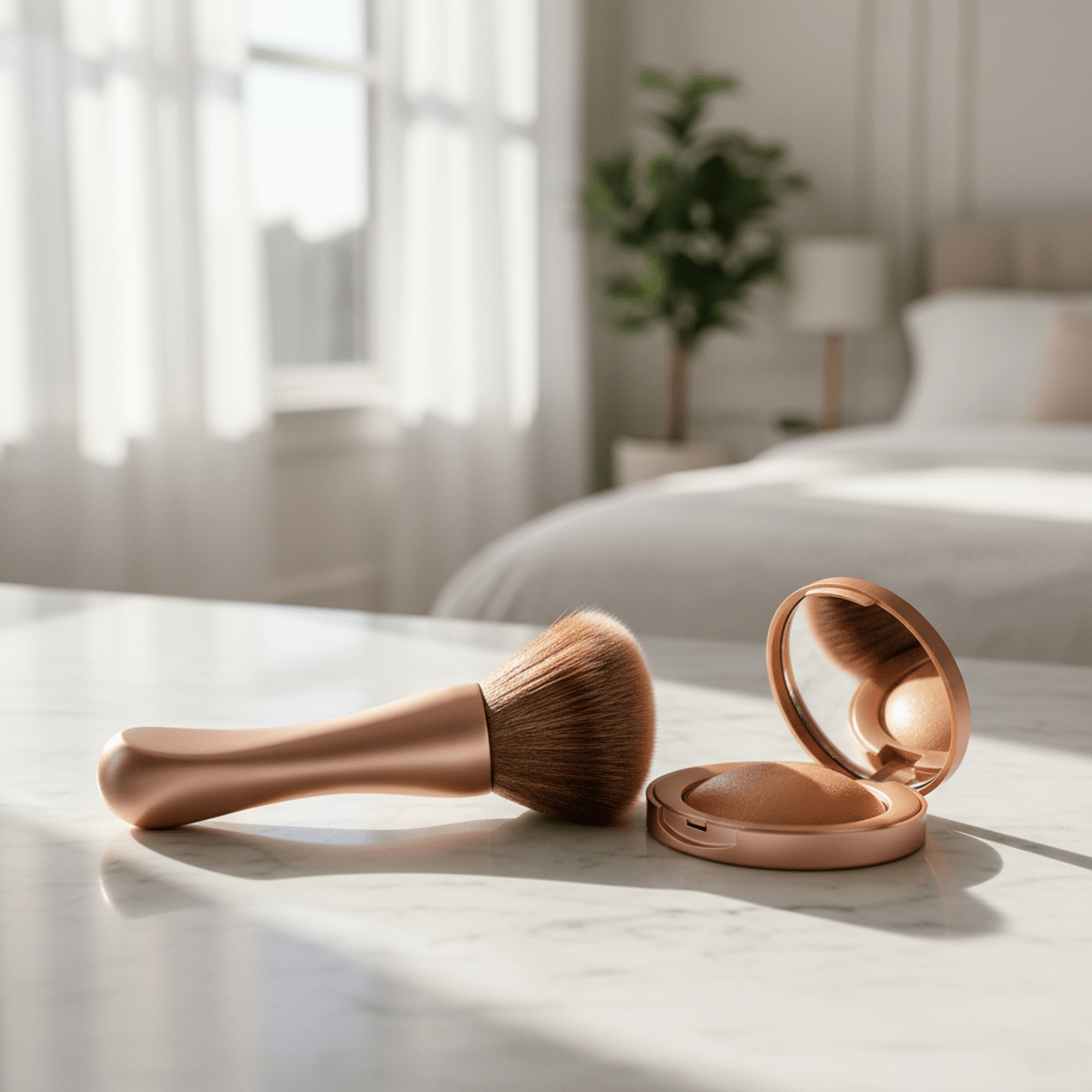 Bronzer brush with rose-gold handle beside open bronzer on marble vanity.