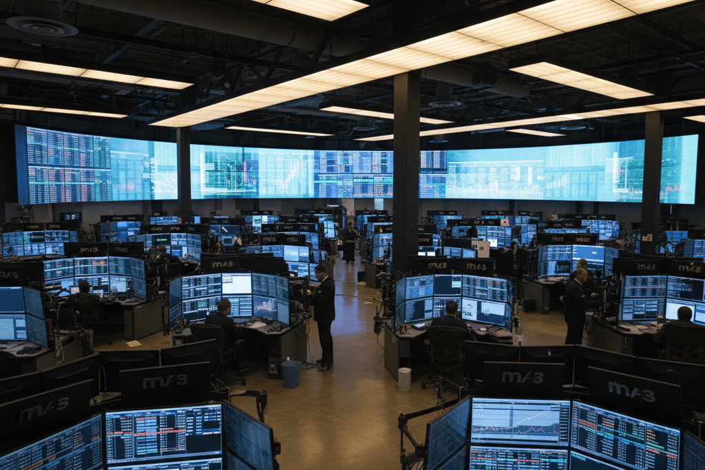 Wide-angle view of bustling NYSE trading floor with digital screens under warm ambient light, symbolizing post-pandemic economic recovery