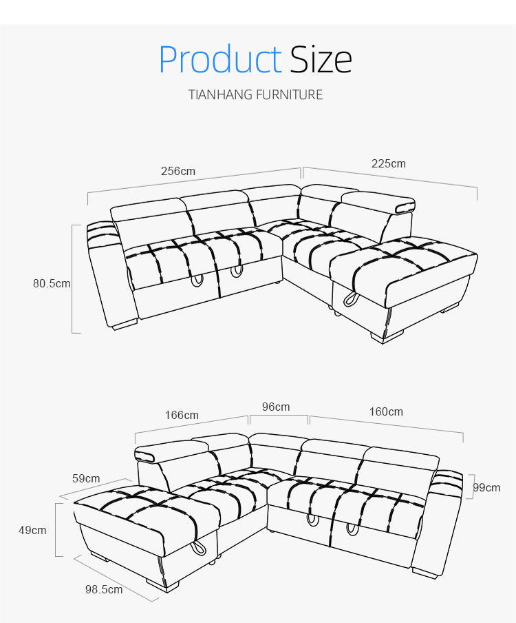 Modern European L shape corner sofa set with combined sleeper sofa bed