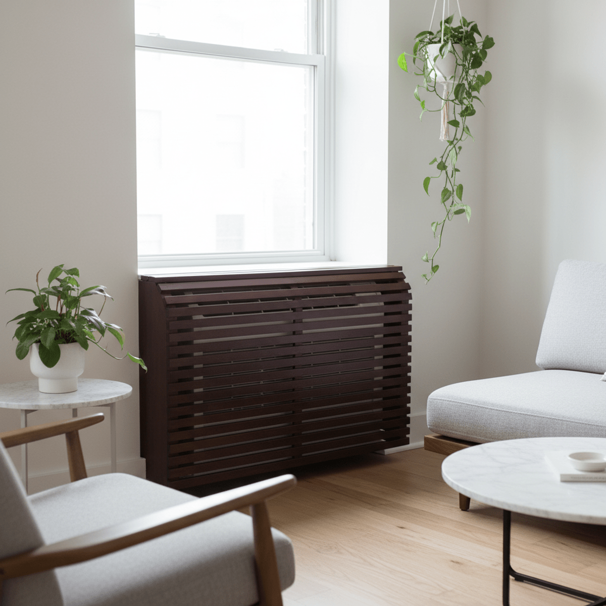 Modern apartment AC cover, Japandi style, espresso wood Japandi-inspired slatted wood cover for AC unit in modern apartment.