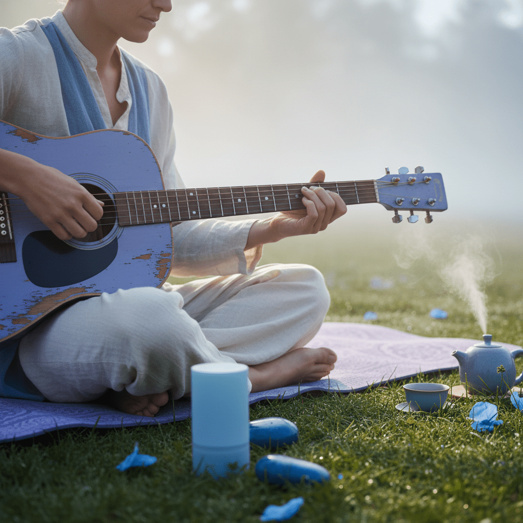 Musician plays weathered periwinkle guitar on yoga mat in soft morning fog.