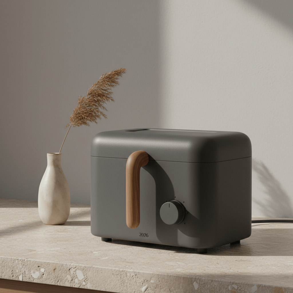 Japandi sandwich toaster, matte charcoal, walnut handle, on stone countertop.