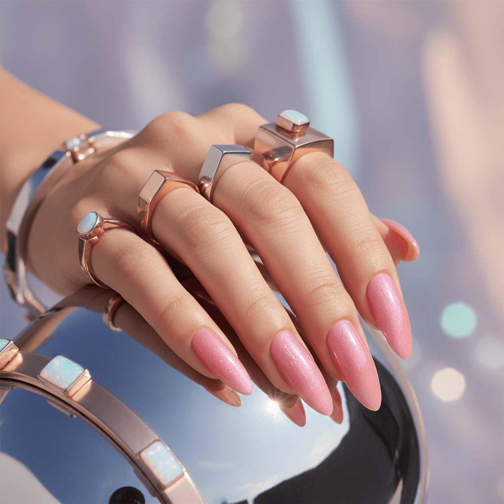 Hand with pearly pink nails on chrome, glowing in summer light.