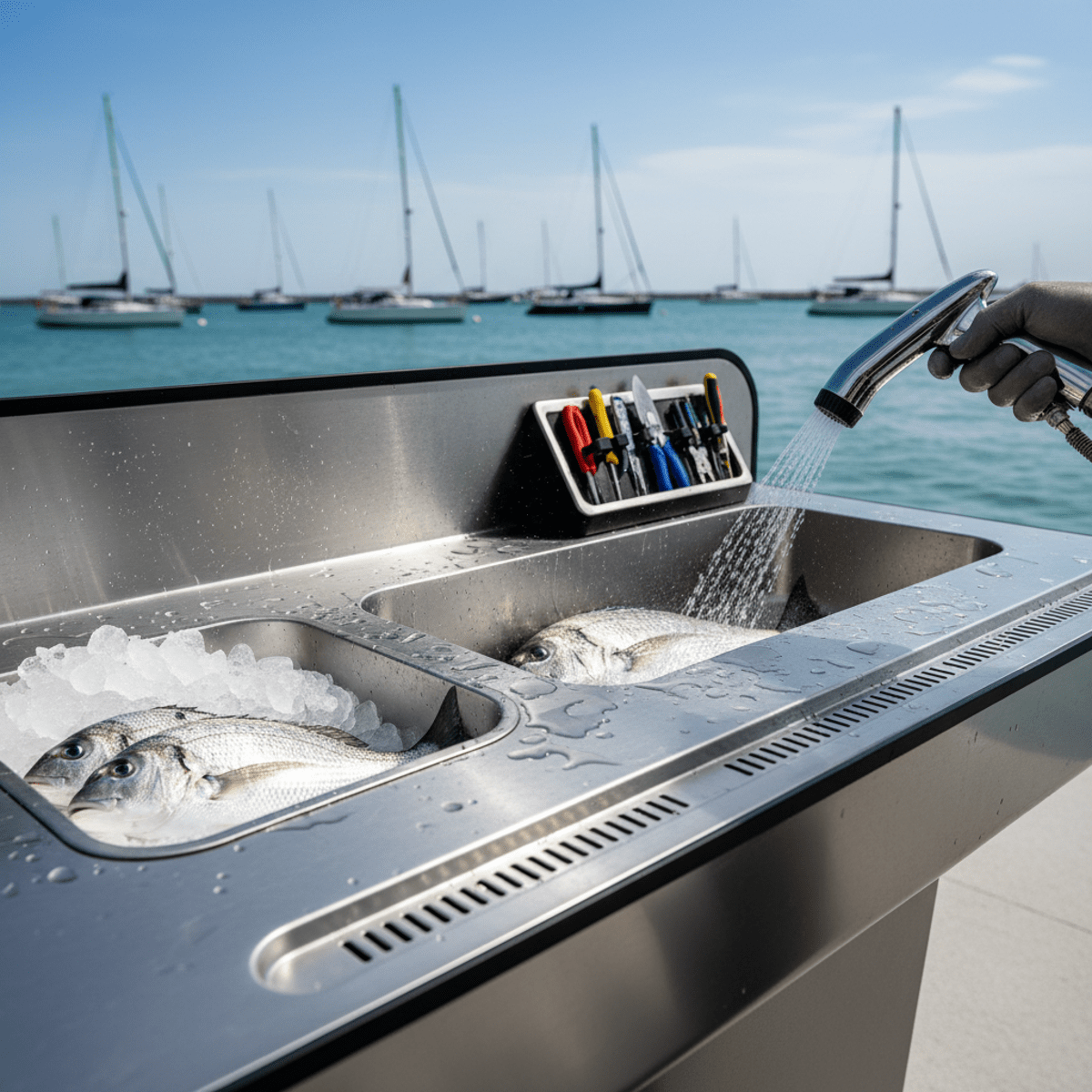 Sleek stainless steel fishing table with integrated ice storage and sprayer in action.