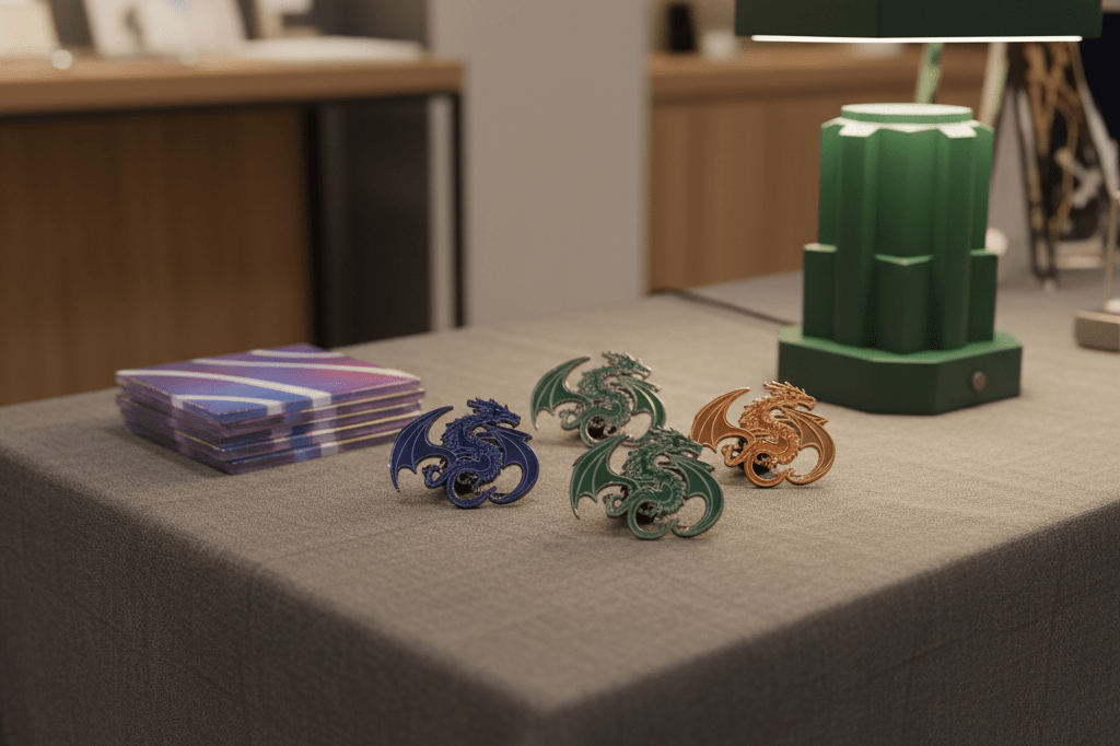 Curated tabletop display of abstract dragon pins, iridescent coasters, and lantern-style lamp in a modern retail setting