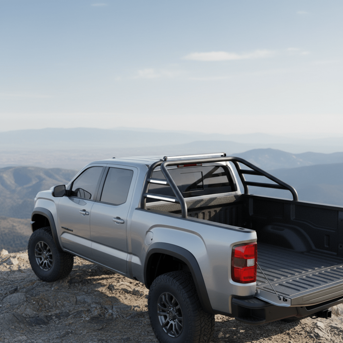 Modern lifted truck with retro tubular roll bar on rocky mountain overlook.