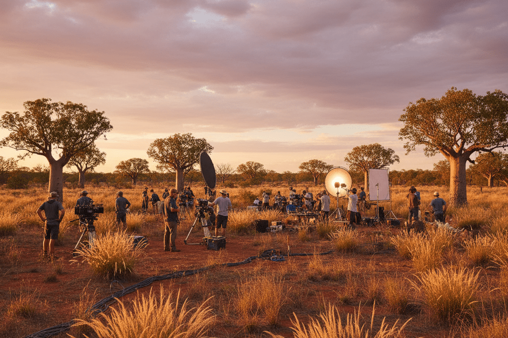 Wide shot of filmmakers preparing equipment under dramatic tropical skies in Australia's Top End, emphasizing authentic regional filming conditions