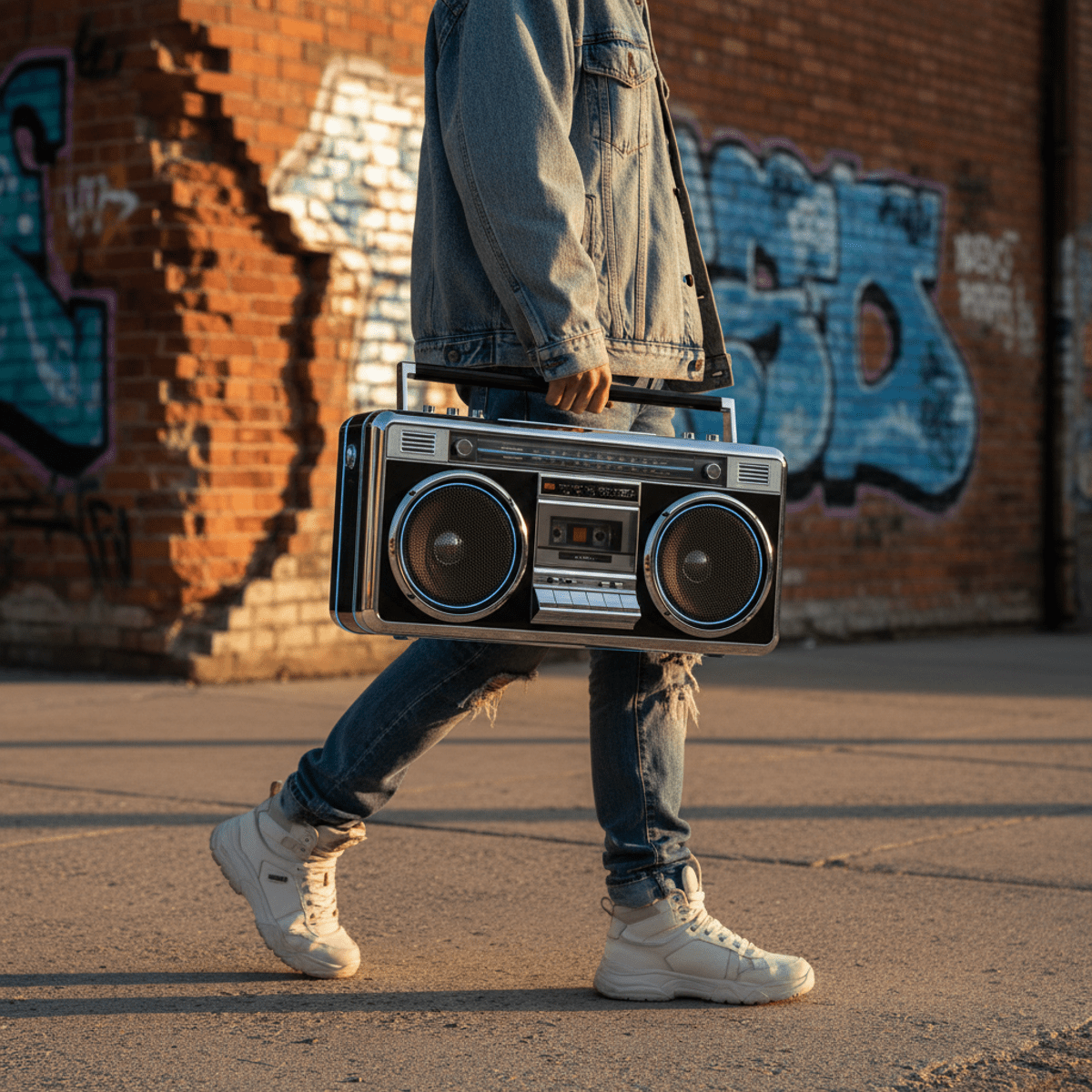 Retro boombox with modern tech on person in vintage streetwear, urban sidewalk.