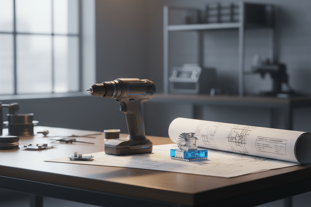 Modern workshop table with cordless tool and blueprints under natural light, symbolizing space tech commercialization