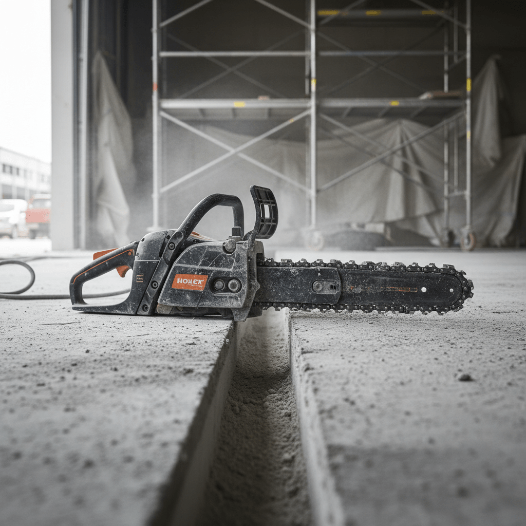 Chainsaw rests beside a deep narrow channel cut into a thick concrete slab.