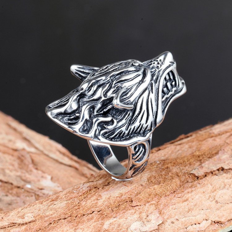 复古男人狼自行车戒指不锈钢维京狼头戒指银色狼人乐队亚马逊热朋克