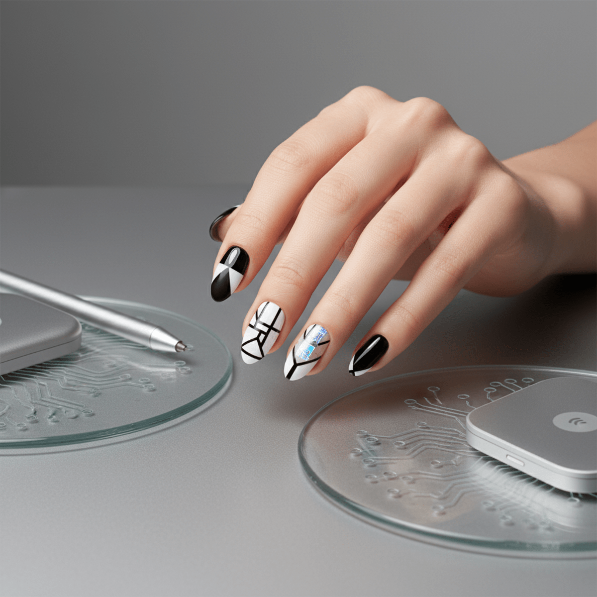 Hand with acrylic accent nail featuring hidden NFC chip and geometric patterns.
