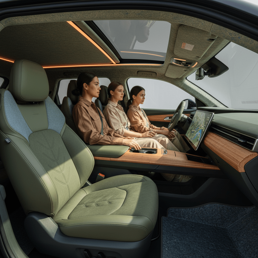 Sustainable SUV cabin with eco-friendly materials Sustainable SUV interior with vegan leather, bamboo, and recycled ocean plastic.