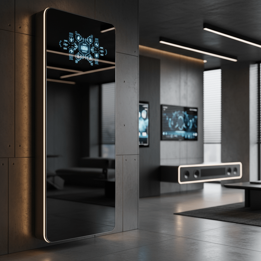 Sleek black smart vertical air conditioner with holographic controls in a modern loft.