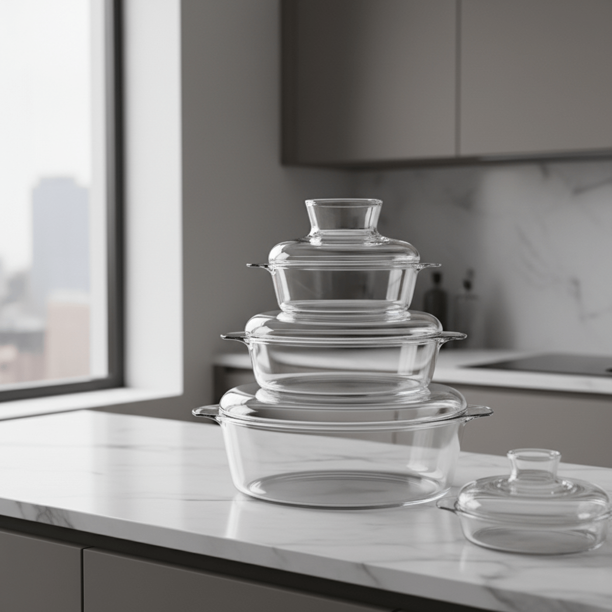 Stack of modular glass cooking pots on a sleek white marble countertop.