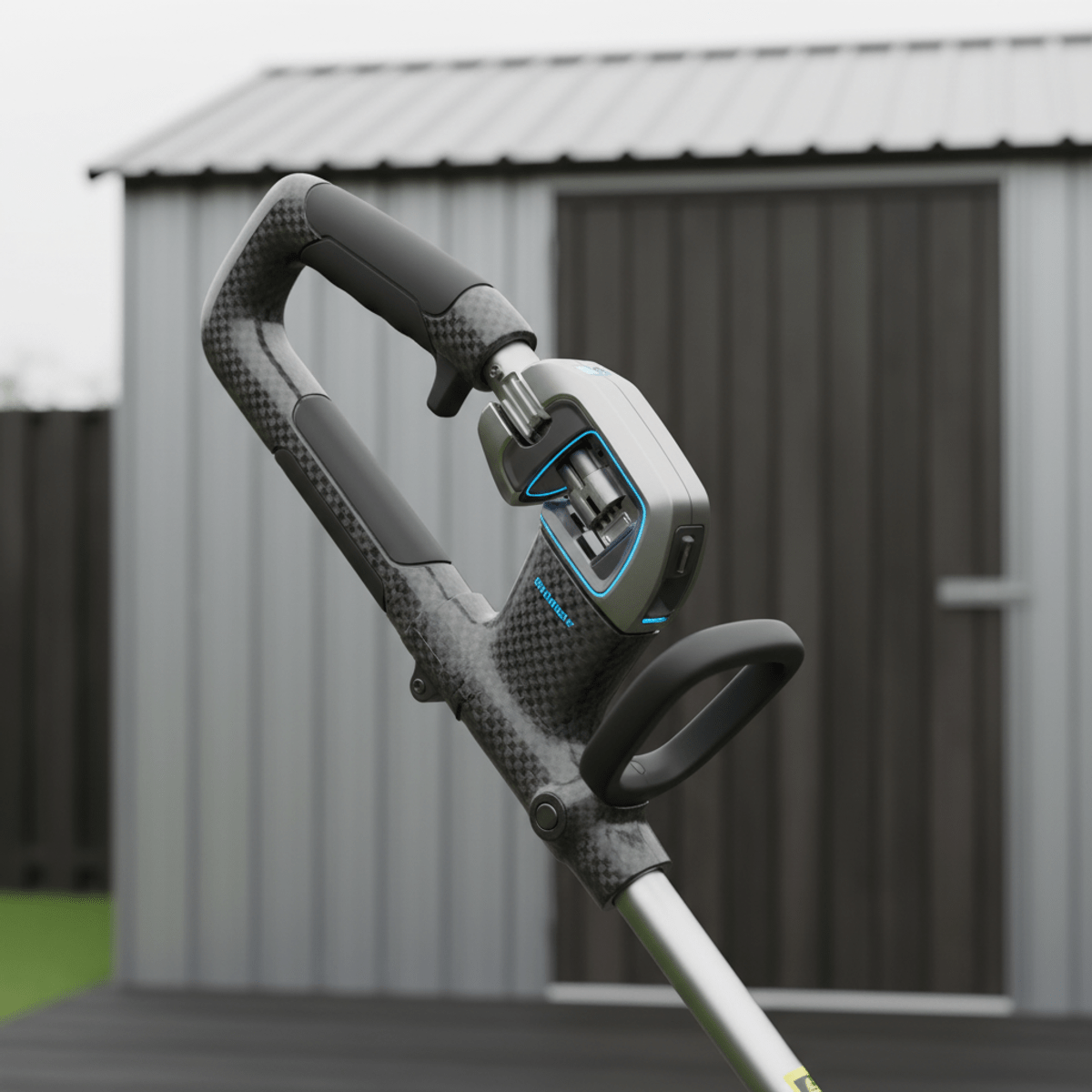 Futuristic string trimmer head locking into place on a carbon fiber power handle.