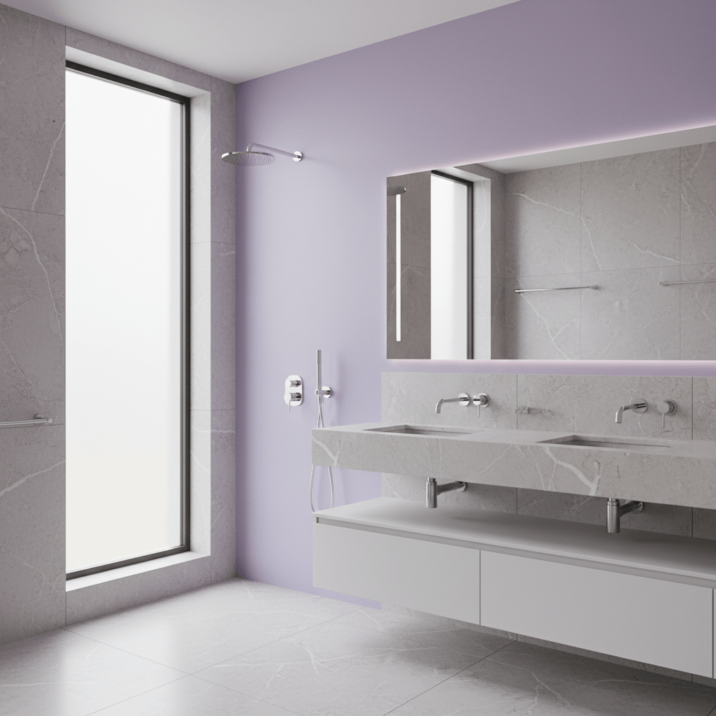 Serene minimalist bathroom with lavender walls and natural stone vanity.