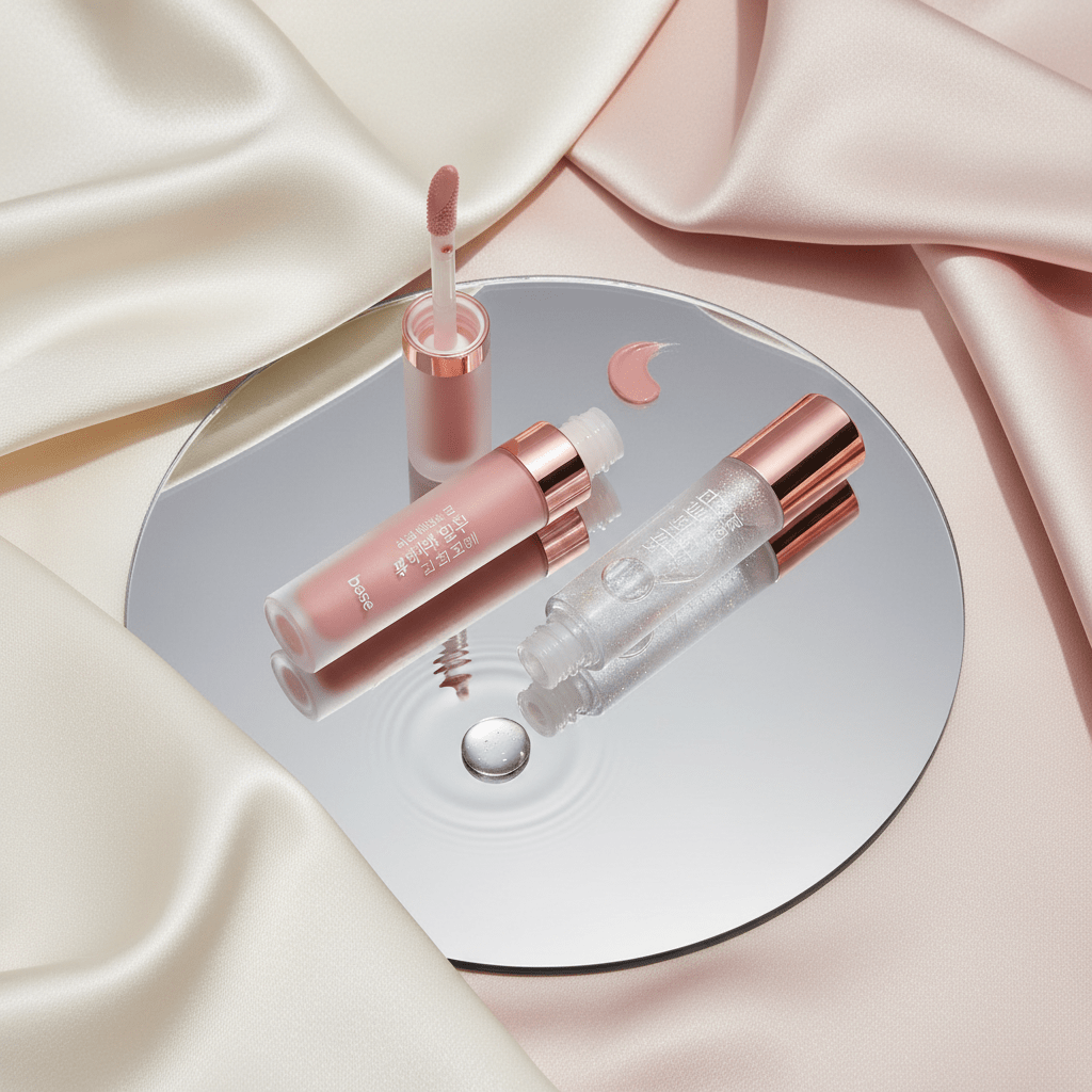 Modern flatlay of Korean lip gloss set with matte base and clear gloss on silk.
