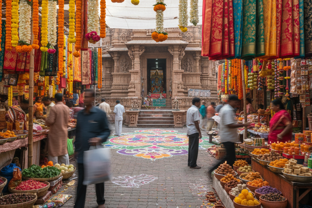 Colorful market scene with marigolds, fabrics, and traditional items under natural light, reflecting festive spirit