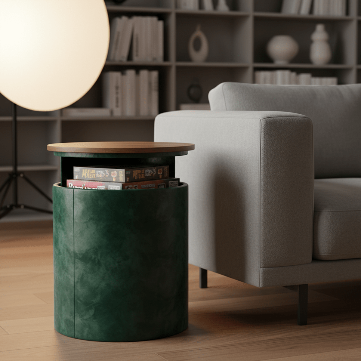 Emerald velvet storage box doubles as a side table with a walnut top.