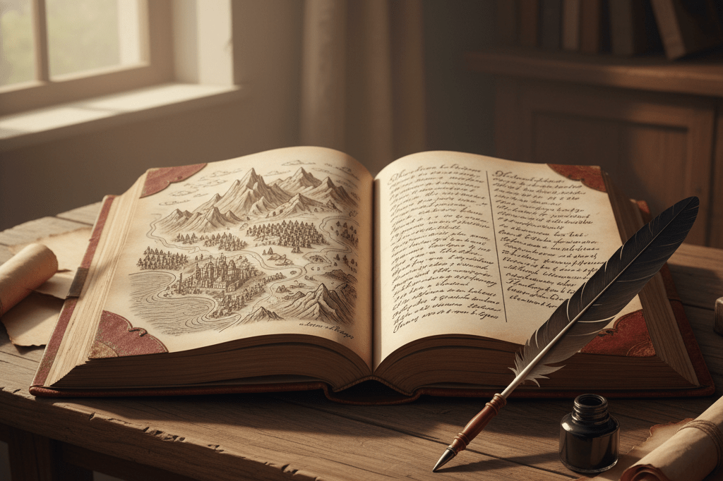 Open leather-bound book with fantasy map and handwritten notes bathed in warm natural light, evoking meticulous narrative creation