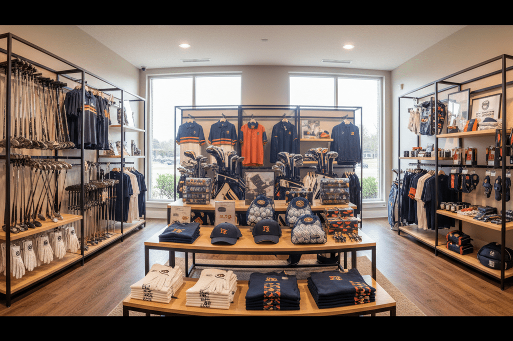 Retail setup highlighting golf equipment and accessories in collegiate team colors under natural lighting