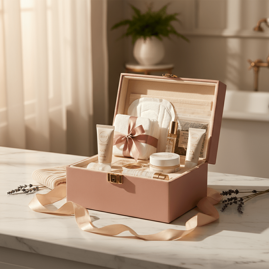 Luxury postpartum gift set for new mothers on marble with soft blush and gold accents.