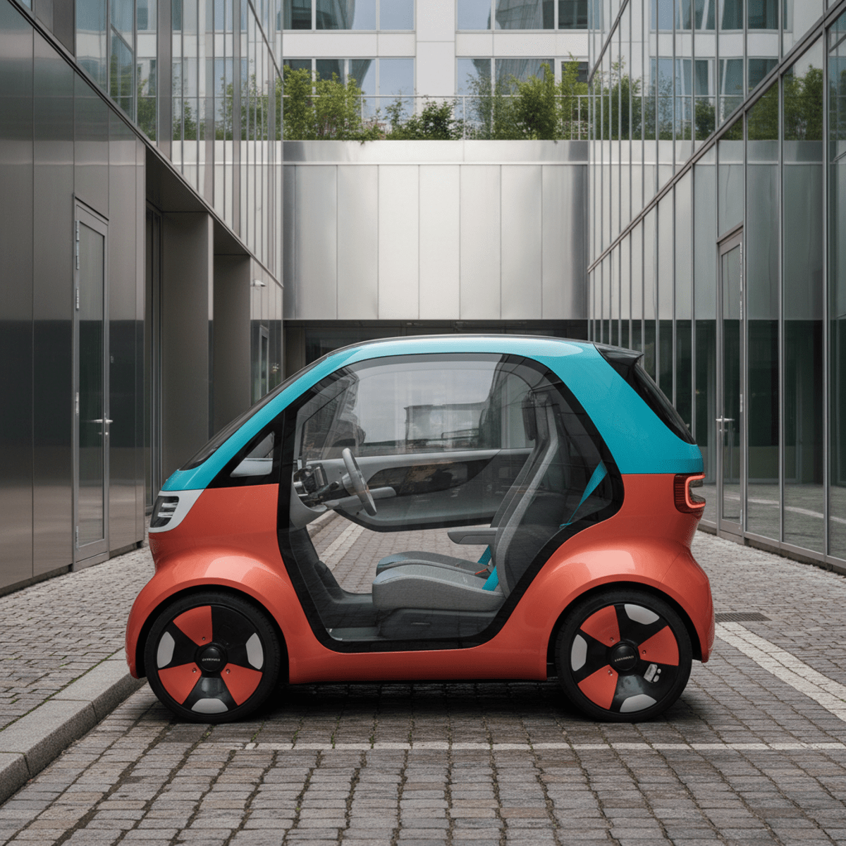 Compact electric city car in coral orange and turquoise parked in tight urban space.
