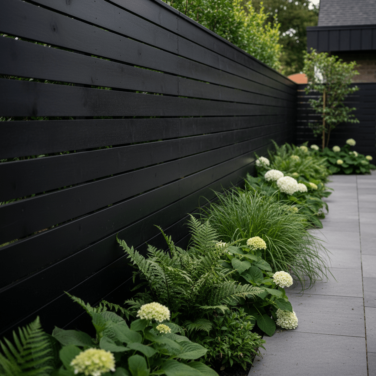 Modern garden fence with horizontal matte black pine boards and rhythmic spacing.