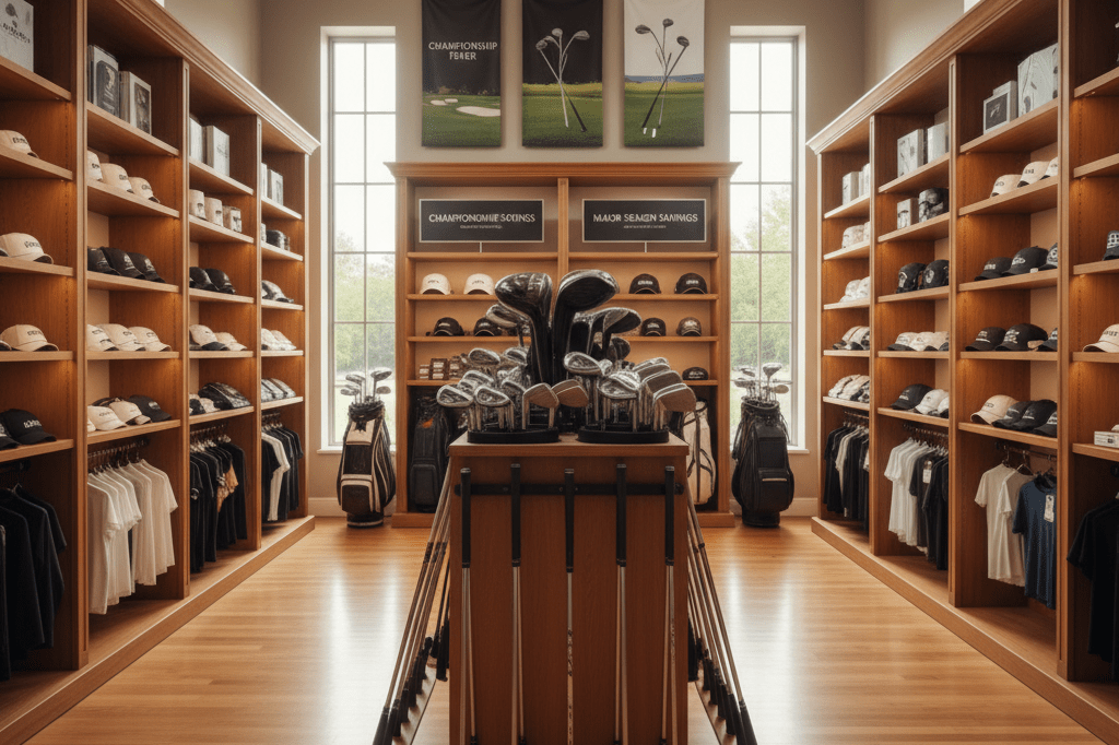 Premium golf equipment displayed in a warmly lit retail store during peak tournament season, highlighting increased shopper interest