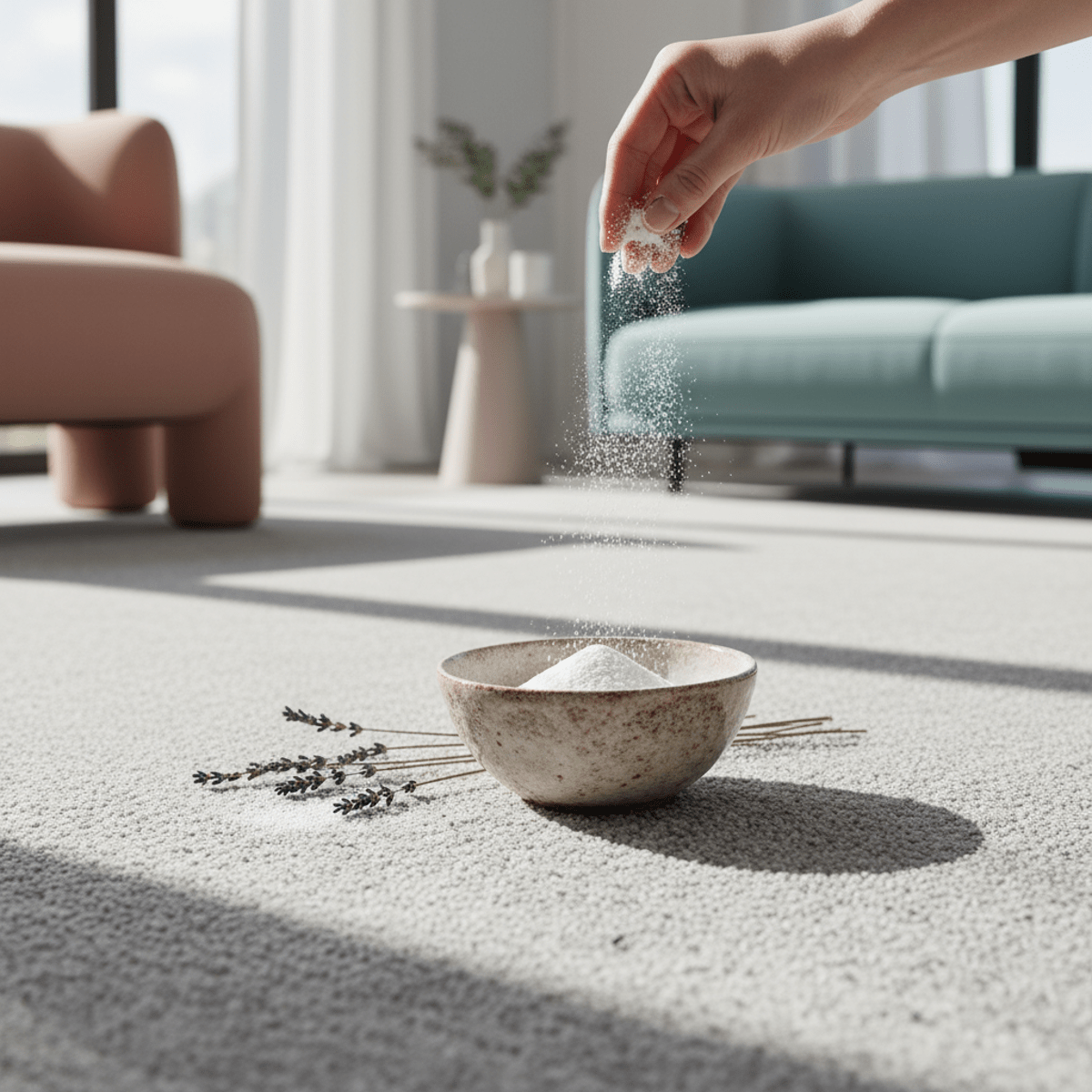 Hand sprinkles baking soda on textured light-gray carpet for refreshing.