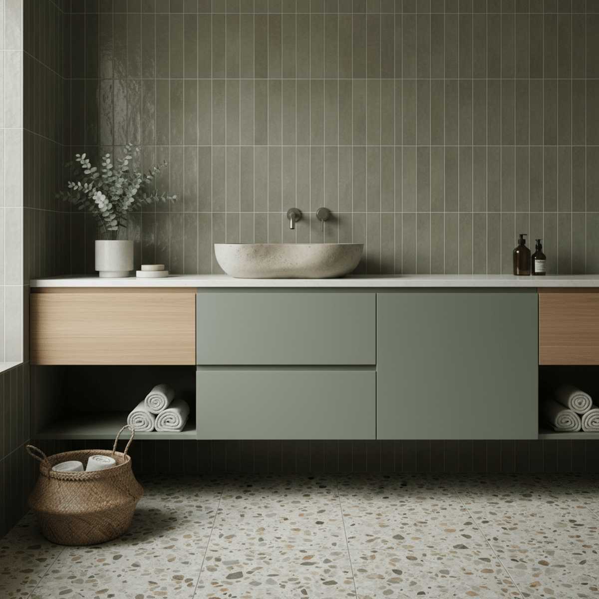 Serene bathroom with sage green cabinets, zellige tiles, and a concrete art sink.