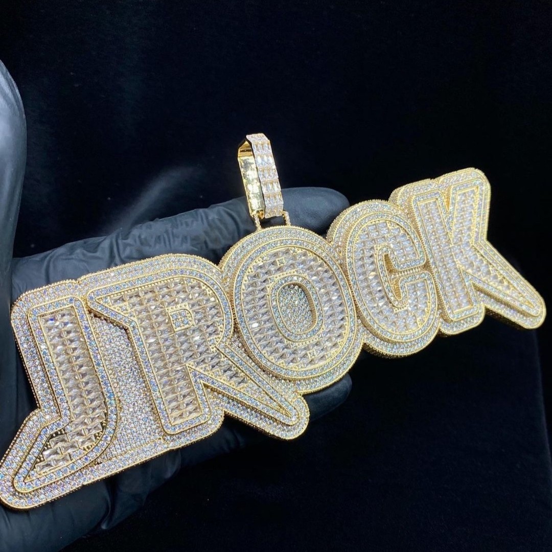 Hip Hop Jewelry Buss Down Pendant 4inches White Gold over Sterling Silver Custom Name Moissanite Baguette Letter Pendant