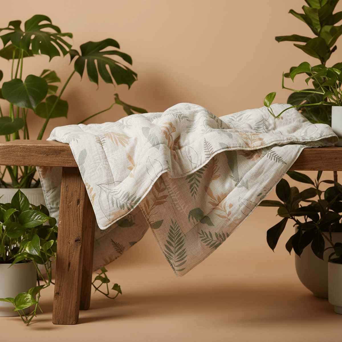 Close-up of a sage and cream botanical comforter draped on a wooden bench.
