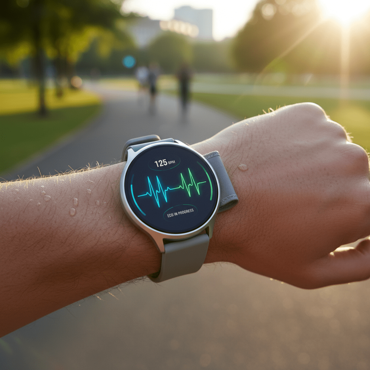 Smartwatch with heart monitor inflates discreetly during an outdoor morning jog.
