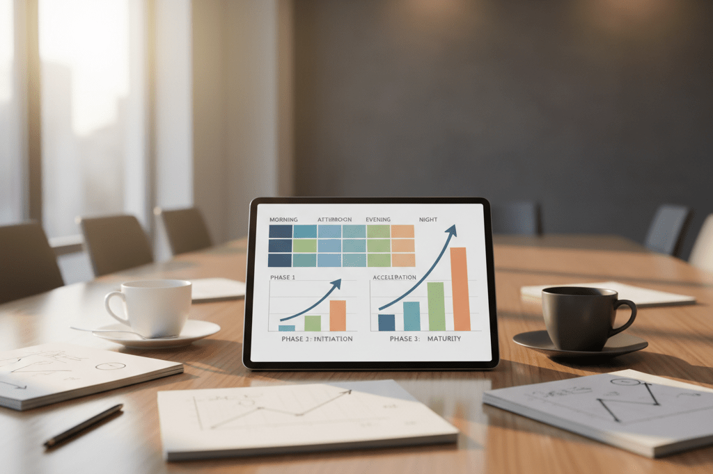 Sunlit conference table with tablets showing generic growth charts and notes on product evolution